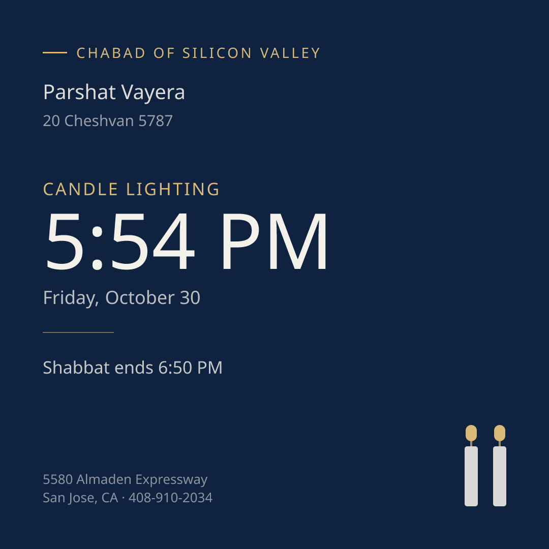 Candle lighting 5:54 PM on Friday, October 30. Shabbat ends 6:50 PM.